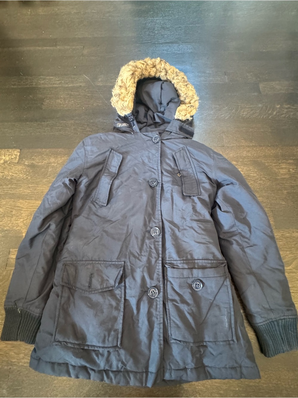 Superdry Rescue Blue Down Winter Parka Jacket Navy Faux Fur Hood Size S